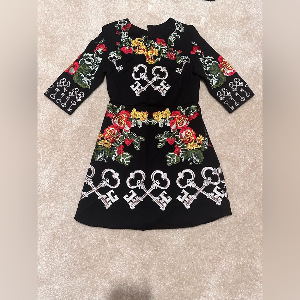 Floral and Key Patterned Black Dress